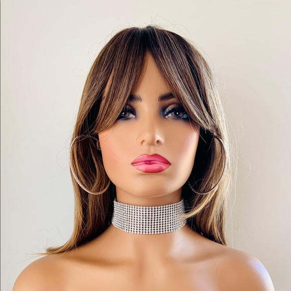 A Pretty 20” Toffee Brown Premium Fiber Wig with Bangs for Daily Wear or Events - Picture 7 of 11